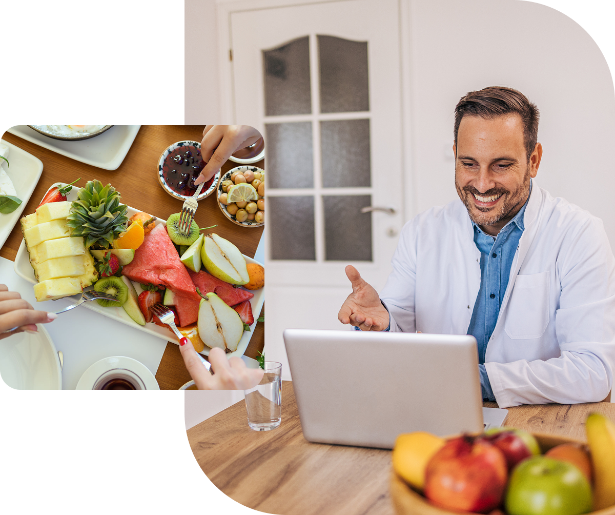 Man video calling about healthy fruits platter.