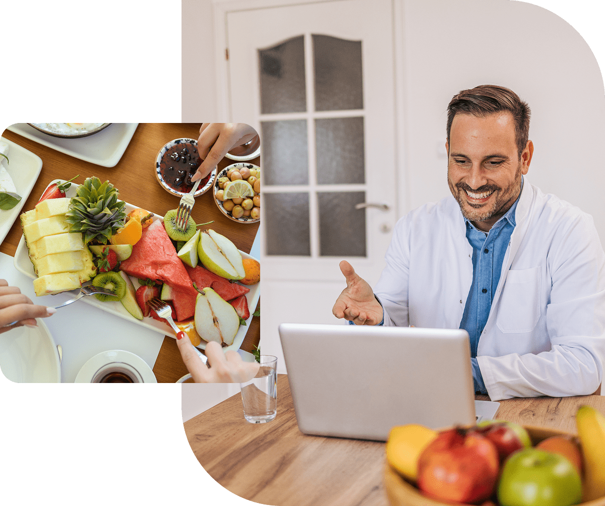 Man video calling about healthy fruits platter.